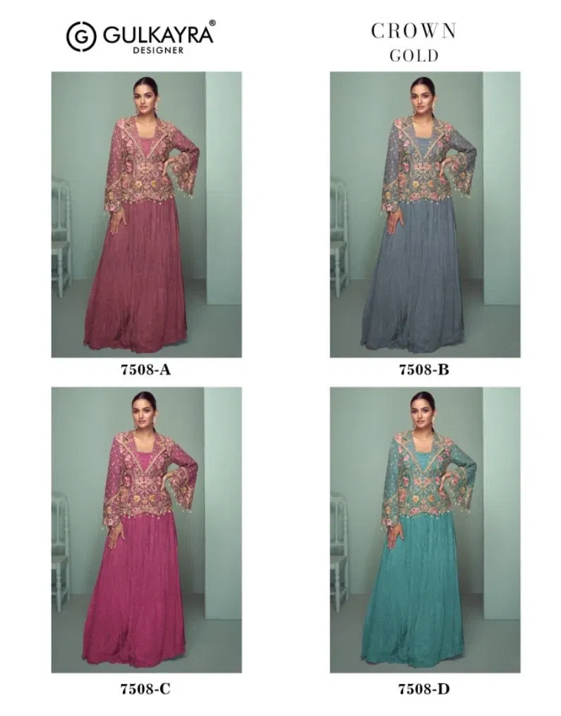 Beautiful Gulkayra Crown Gold Chinon Embroidered Indo Western Collection Wholesale 2026