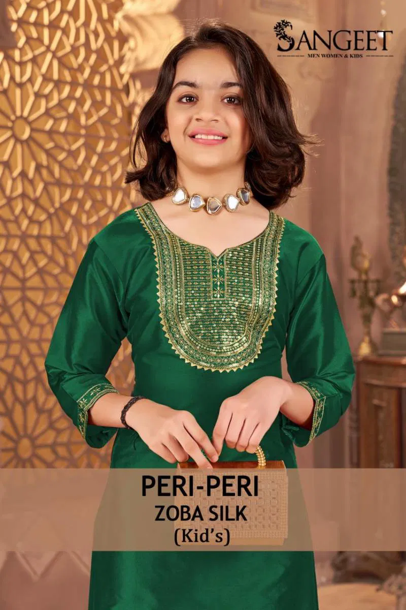 Launching Sangeet Peri Peri Zoba Silk Kids Wear Embroidery Work Kurti And Pant Wholesale 2026