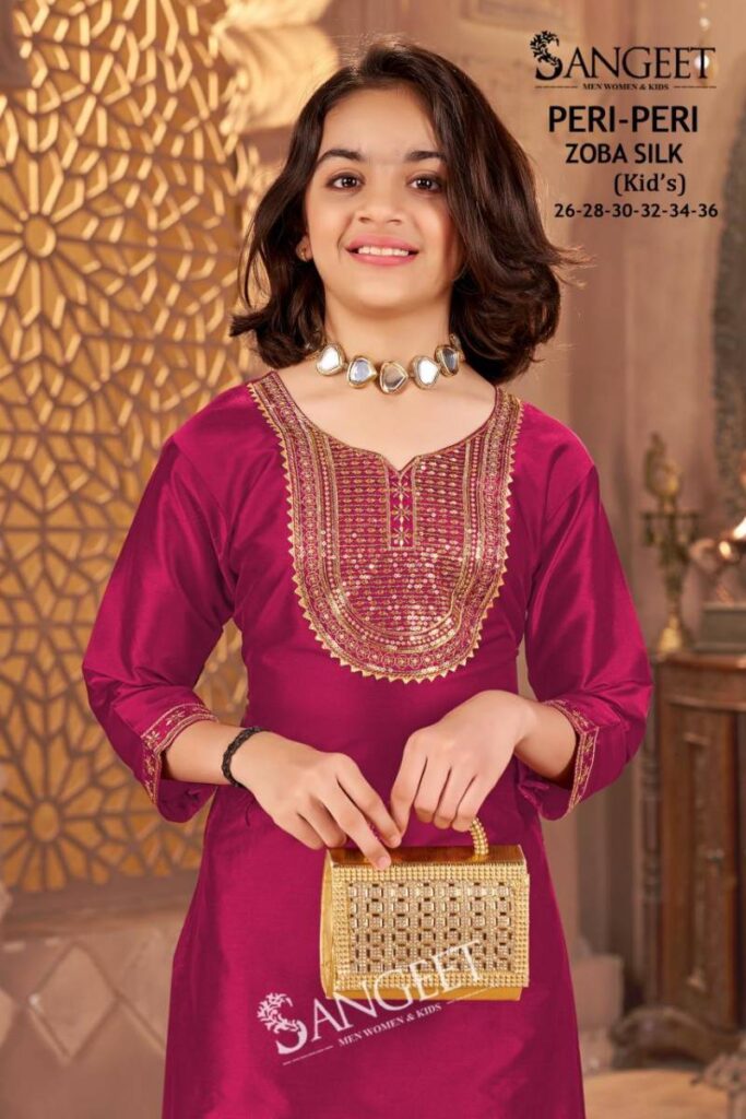 Launching Sangeet Peri Peri Zoba Silk Kids Wear Embroidery Work Kurti And Pant Wholesale 2026