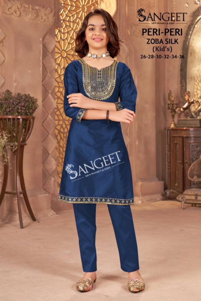 Launching Sangeet Peri Peri Zoba Silk Kids Wear Embroidery Work Kurti And Pant Wholesale 2026