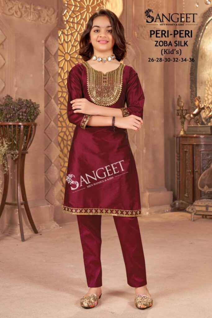 Launching Sangeet Peri Peri Zoba Silk Kids Wear Embroidery Work Kurti And Pant Wholesale 2026