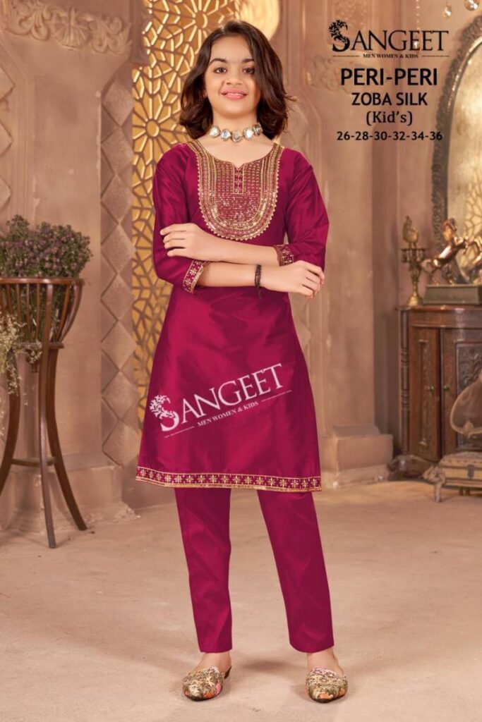 Launching Sangeet Peri Peri Zoba Silk Kids Wear Embroidery Work Kurti And Pant Wholesale 2026