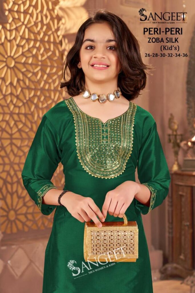 Launching Sangeet Peri Peri Zoba Silk Kids Wear Embroidery Work Kurti And Pant Wholesale 2026