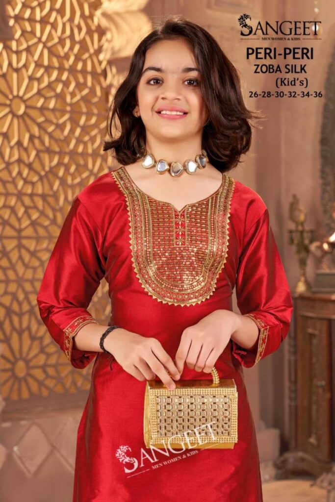 Launching Sangeet Peri Peri Zoba Silk Kids Wear Embroidery Work Kurti And Pant Wholesale 2026