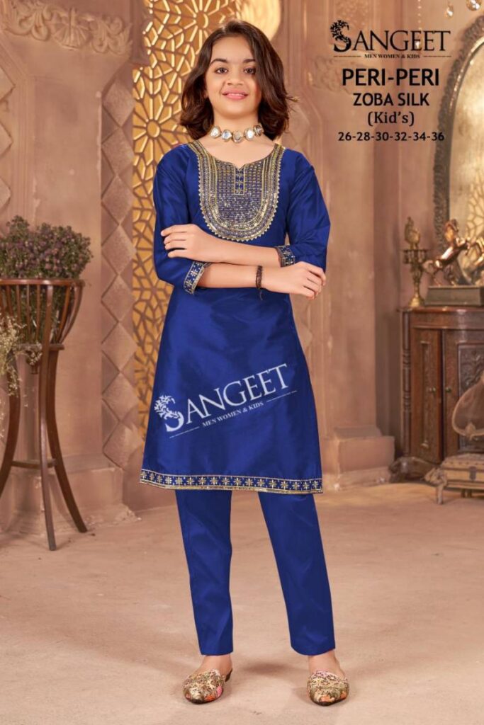 Launching Sangeet Peri Peri Zoba Silk Kids Wear Embroidery Work Kurti And Pant Wholesale 2026