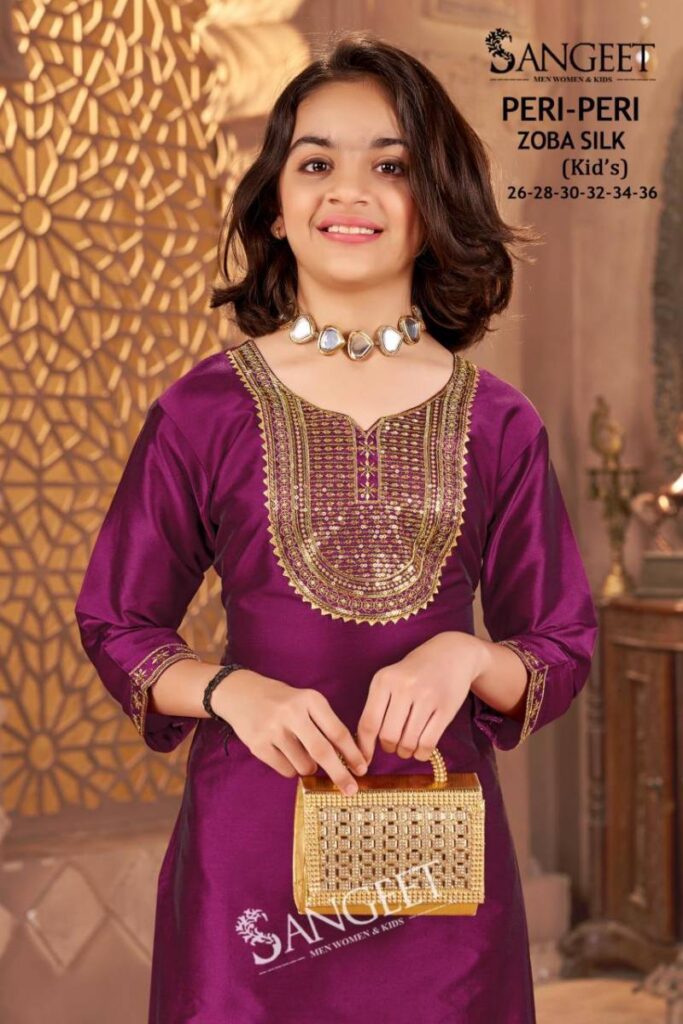 Launching Sangeet Peri Peri Zoba Silk Kids Wear Embroidery Work Kurti And Pant Wholesale 2026