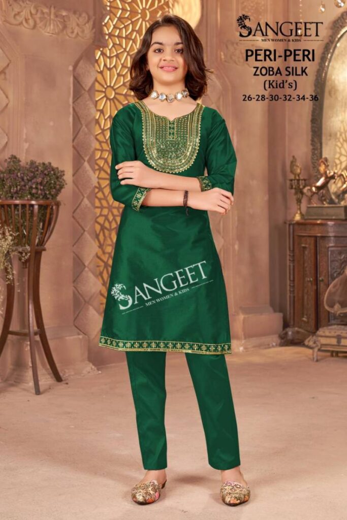 Launching Sangeet Peri Peri Zoba Silk Kids Wear Embroidery Work Kurti And Pant Wholesale 2026