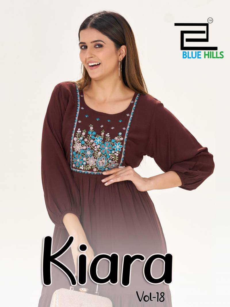Stylish Blue Hills Kiara Vol 18 Rayon Wrinkle Embroidery Work Top Collection Wholesale 2026