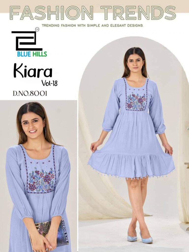 Stylish Blue Hills Kiara Vol 18 Rayon Wrinkle Embroidery Work Top Collection Wholesale 2026