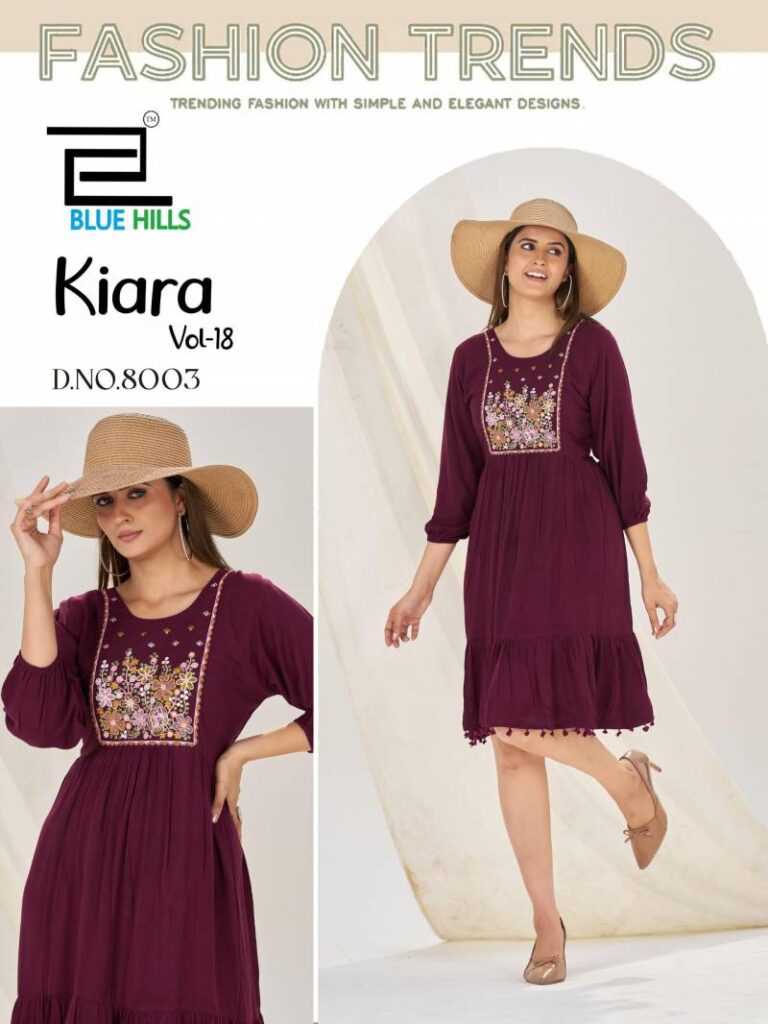 Stylish Blue Hills Kiara Vol 18 Rayon Wrinkle Embroidery Work Top Collection Wholesale 2026