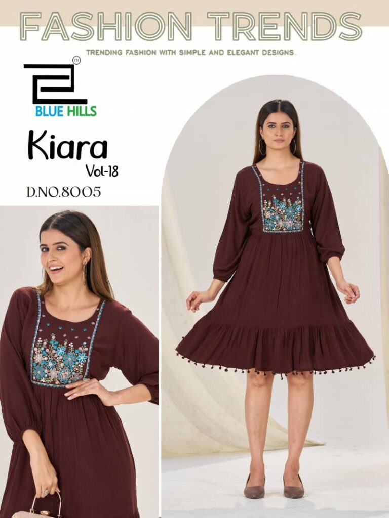 Stylish Blue Hills Kiara Vol 18 Rayon Wrinkle Embroidery Work Top Collection Wholesale 2026