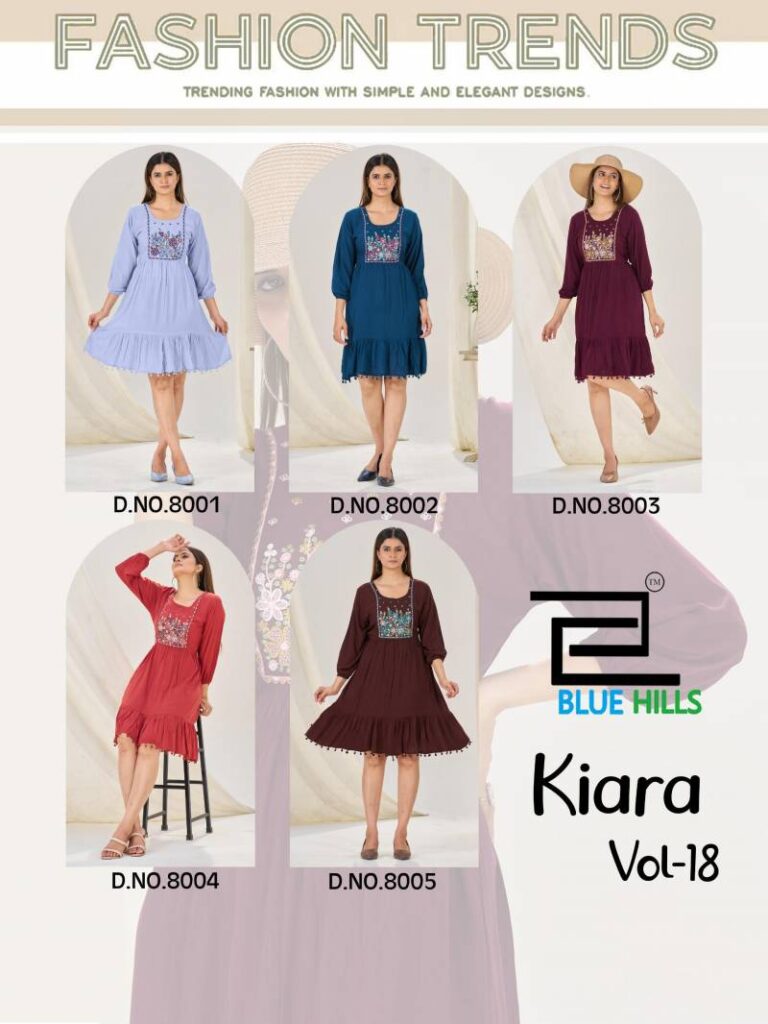 Stylish Blue Hills Kiara Vol 18 Rayon Wrinkle Embroidery Work Top Collection Wholesale 2026
