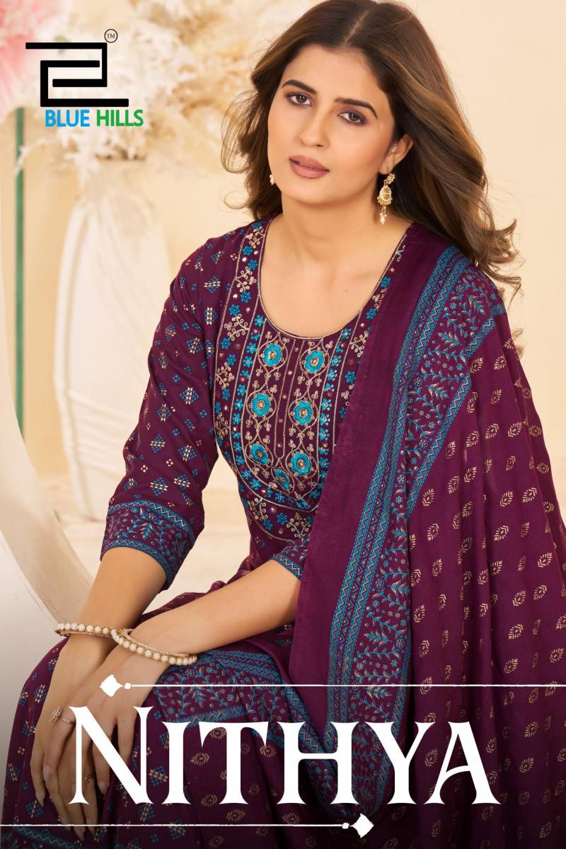 Beautiful Blue Hills Nithya Anarkali Rayon Foil Print Anarkali Gown And Dupatta Wholesale 2026