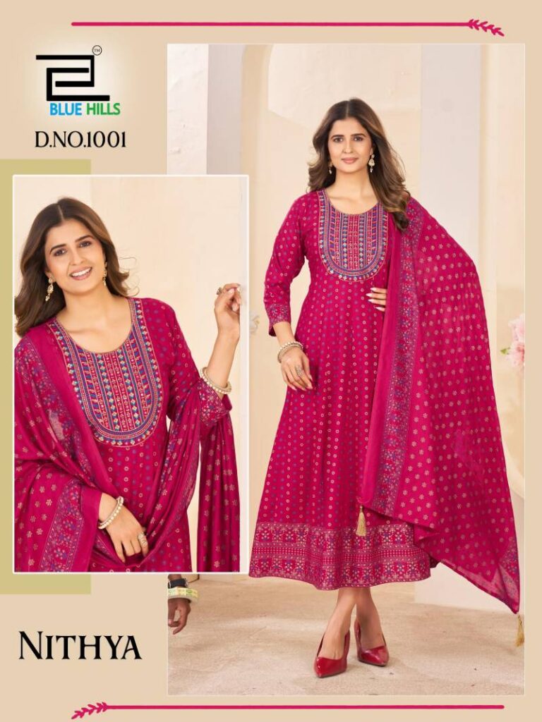 Beautiful Blue Hills Nithya Anarkali Rayon Foil Print Anarkali Gown And Dupatta Wholesale 2026