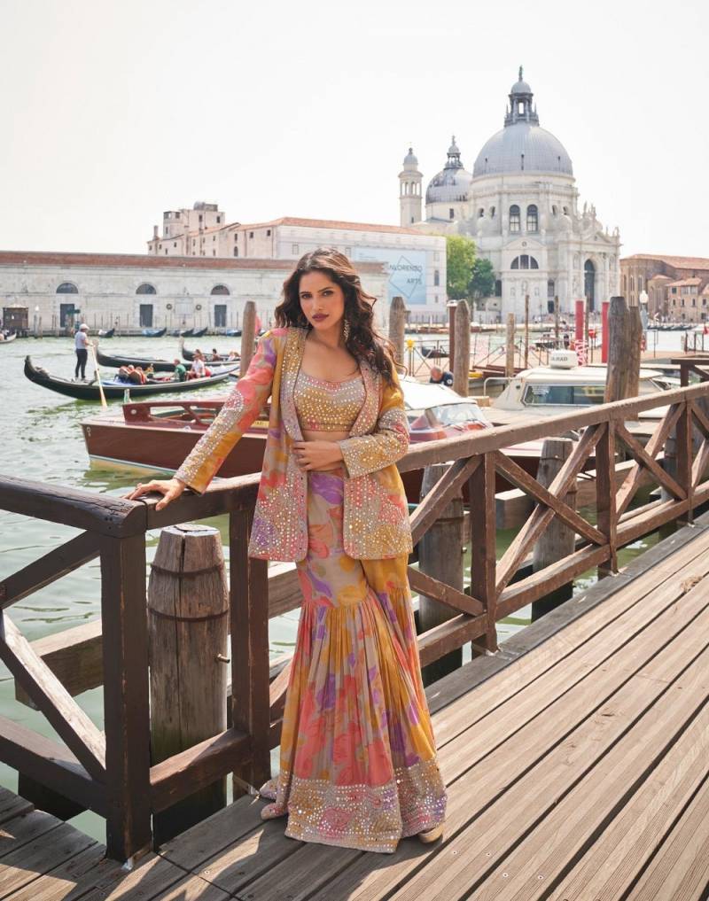Latest Sayuri Elnaaz Designer Chinon Silk Embroidered Indo Western Collection Wholesale 2026