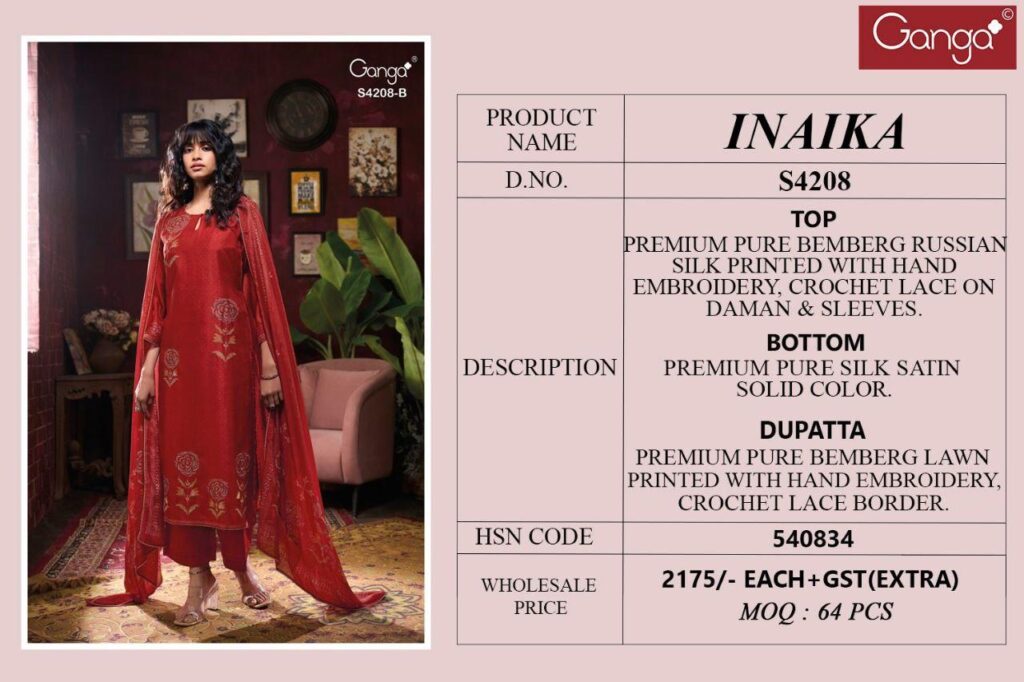 Latest Ganga Inaika 4208 Bemberg Russian Silk Embroidery Salwar Kameez Wholesale 2026