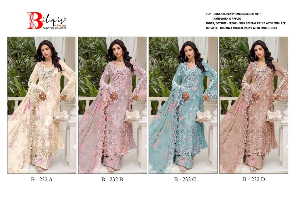 Stylish Bilqis B 232 A To D Organza With Embroidery Pakistani Salwar Kameez Wholesale 2026
