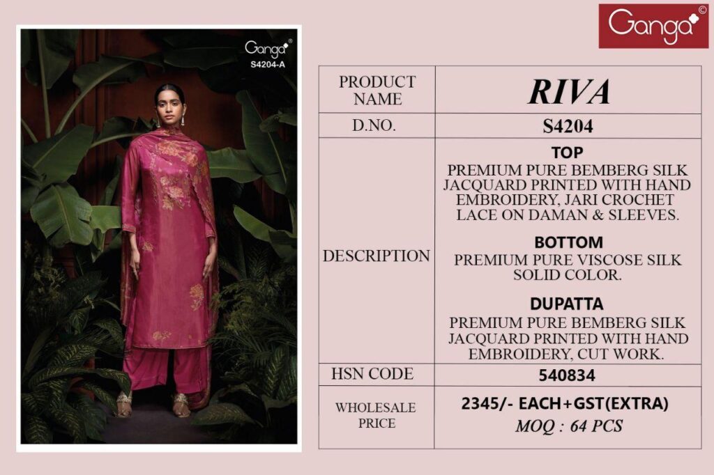 Beautiful Ganga Riva 4204 Bemberg Silk Printed Embroidery Salwar Kameez Wholesale 2026