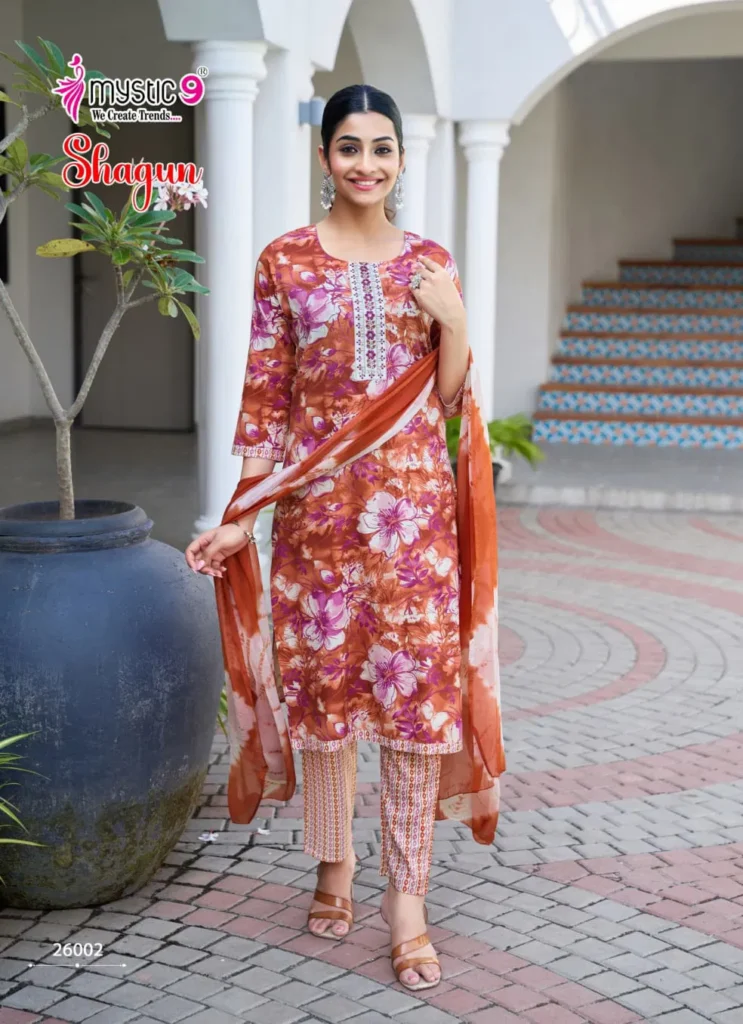 Buy Mystic 9 shagun vol 26 Rayon Capsule Foil Print Straight Kurti Bottom With dupatta Collection Wholesale 2026