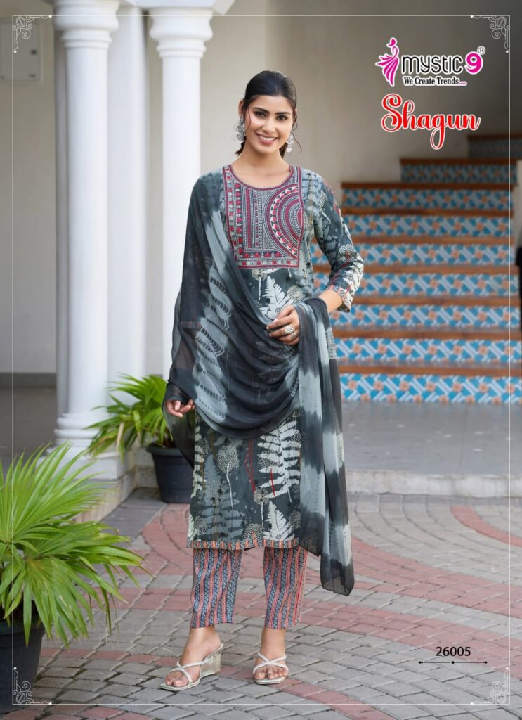Buy Mystic 9 shagun vol 26 Rayon Capsule Foil Print Straight Kurti Bottom With dupatta Collection Wholesale 2026