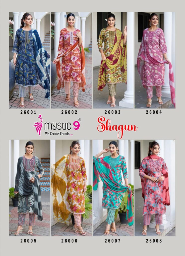 Buy Mystic 9 shagun vol 26 Rayon Capsule Foil Print Straight Kurti Bottom With dupatta Collection Wholesale 2026
