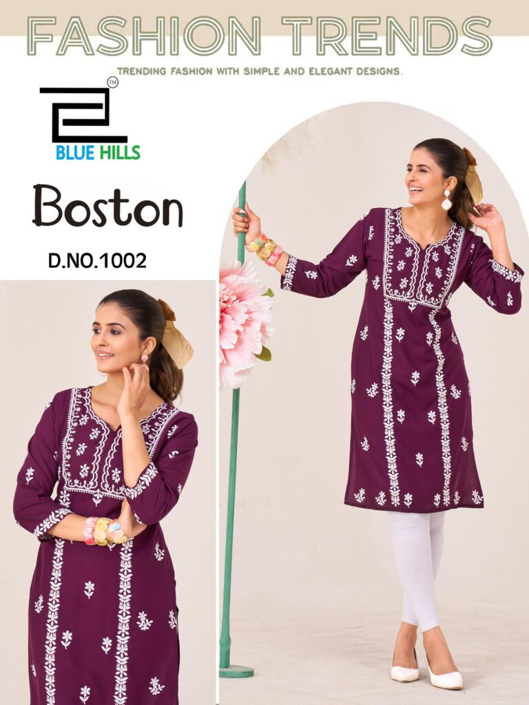 Latest Blue Hills Boston Rayon Embroidery Work Kurti Collection Wholesale 2026