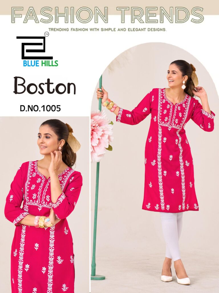 Latest Blue Hills Boston Rayon Embroidery Work Kurti Collection Wholesale 2026