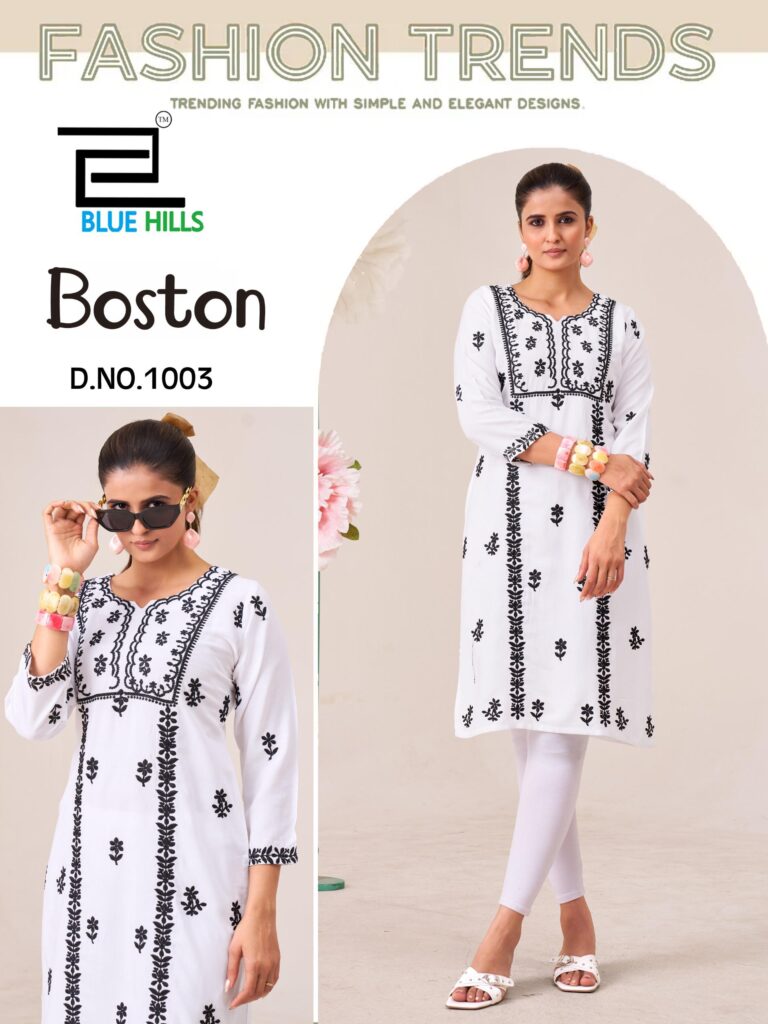 Latest Blue Hills Boston Rayon Embroidery Work Kurti Collection Wholesale 2026