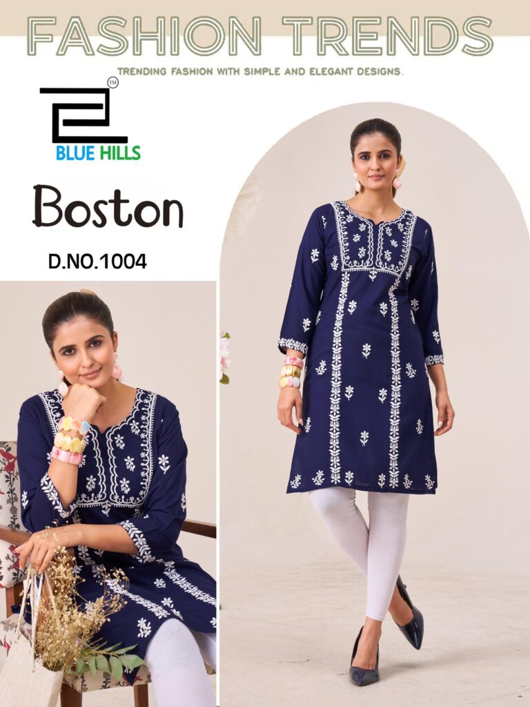 Latest Blue Hills Boston Rayon Embroidery Work Kurti Collection Wholesale 2026