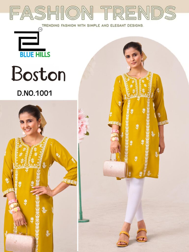 Latest Blue Hills Boston Rayon Embroidery Work Kurti Collection Wholesale 2026