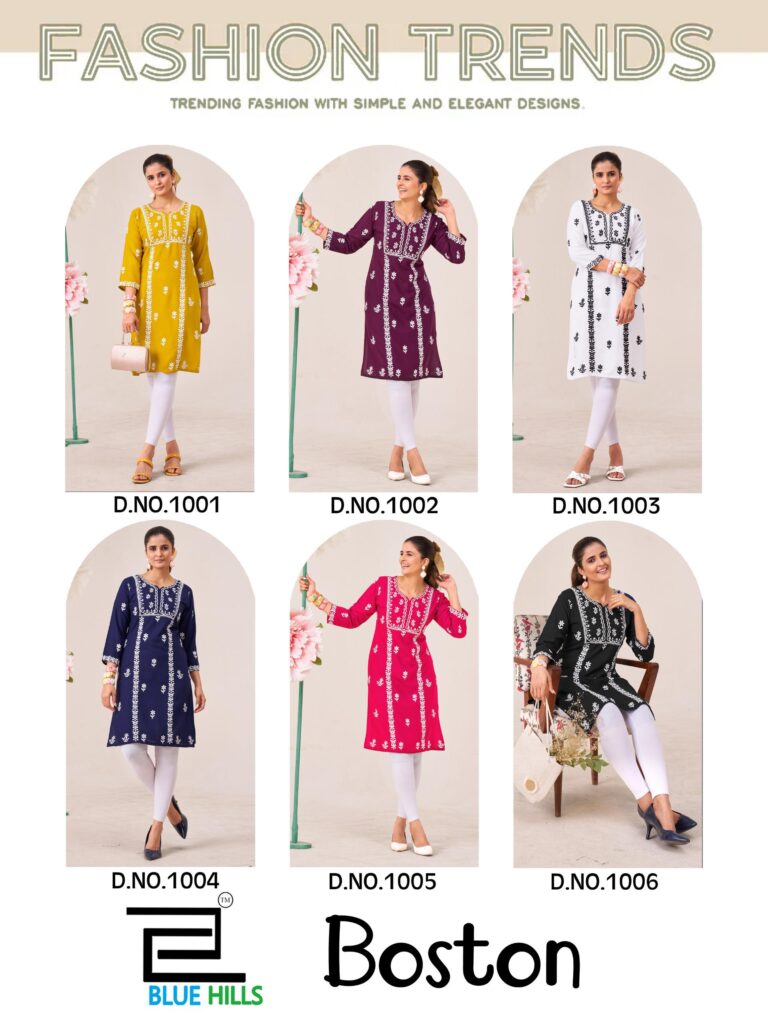 Latest Blue Hills Boston Rayon Embroidery Work Kurti Collection Wholesale 2026