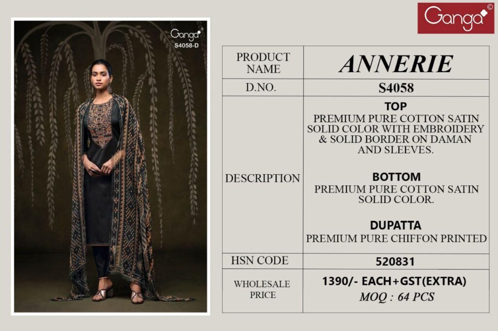 Launching Ganga Annerie 4058 Cotton Satin With Embroidery Salwar Kameez Wholesale 2026