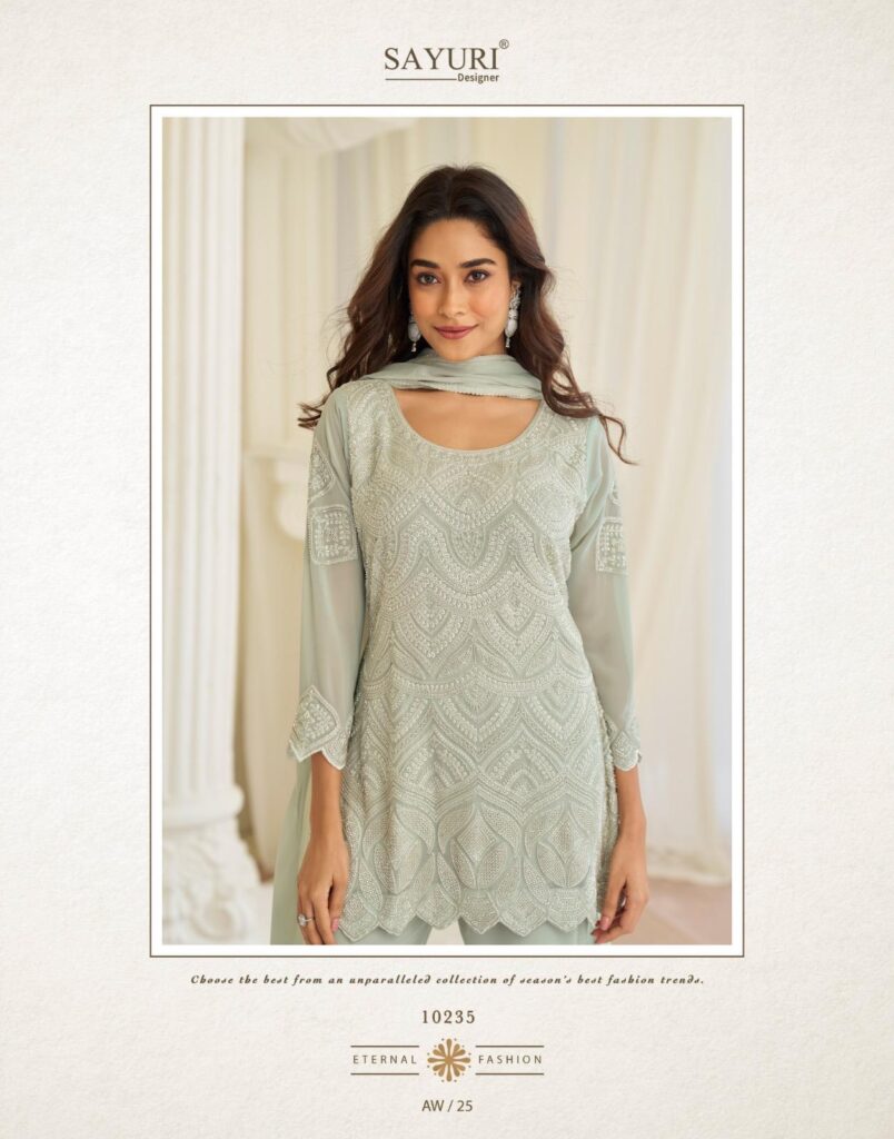 Stylish Sayuri Hoor Premium Georgette Chinon Heavy Embroidery Top With Plazzo Pant Wholesale 2026