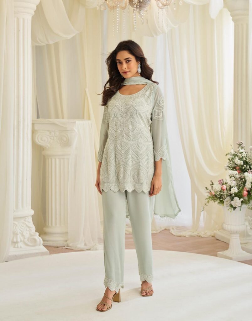 Stylish Sayuri Hoor Premium Georgette Chinon Heavy Embroidery Top With Plazzo Pant Wholesale 2026