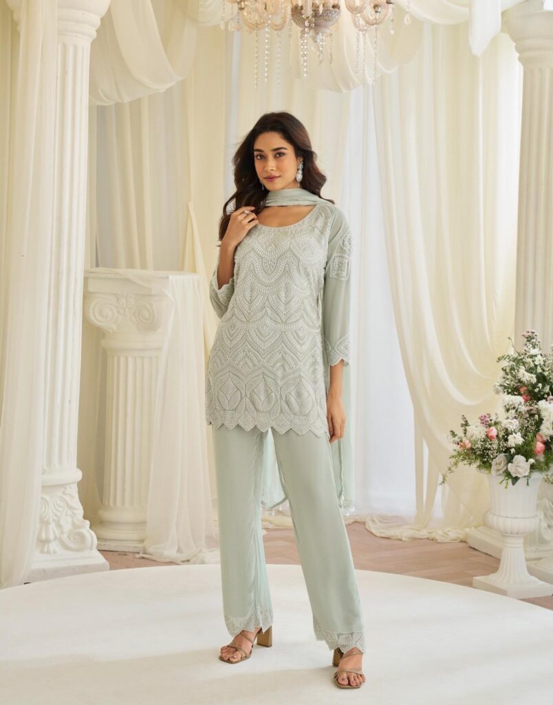 Stylish Sayuri Hoor Premium Georgette Chinon Heavy Embroidery Top With Plazzo Pant Wholesale 2026