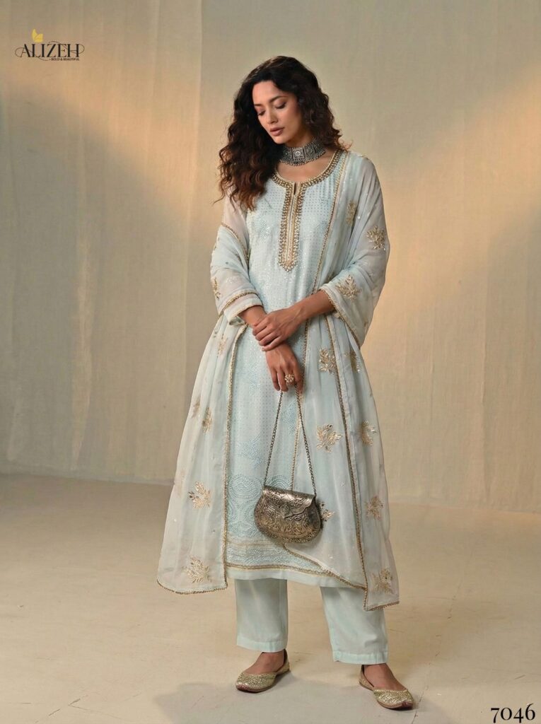 Buy Alizeh 7046 To 7049 Georgette With Embroidered Work Kurti Pant And Dupatta Wholesale 2026