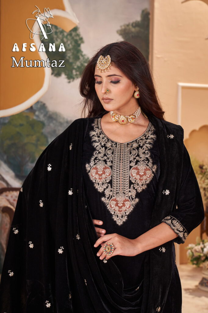 Beautiful Afsana Mumtaz Velvet With Embroidery Work Top Bottom And Dupatta Collection Wholesale 2026