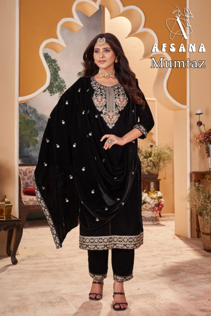 Beautiful Afsana Mumtaz Velvet With Embroidery Work Top Bottom And Dupatta Collection Wholesale 2026