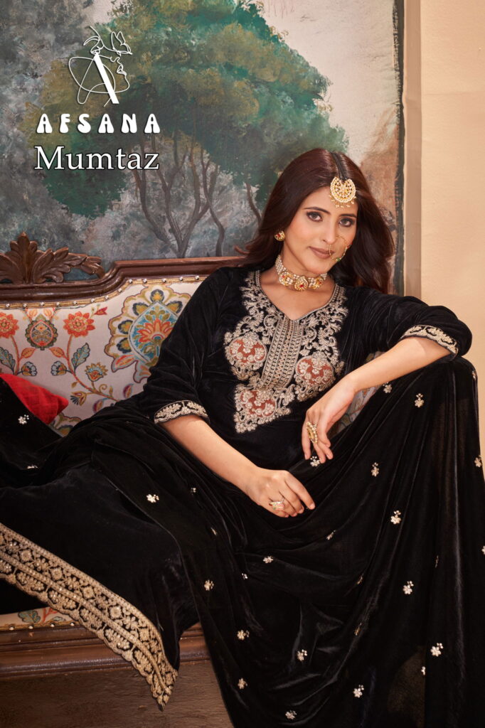 Beautiful Afsana Mumtaz Velvet With Embroidery Work Top Bottom And Dupatta Collection Wholesale 2026