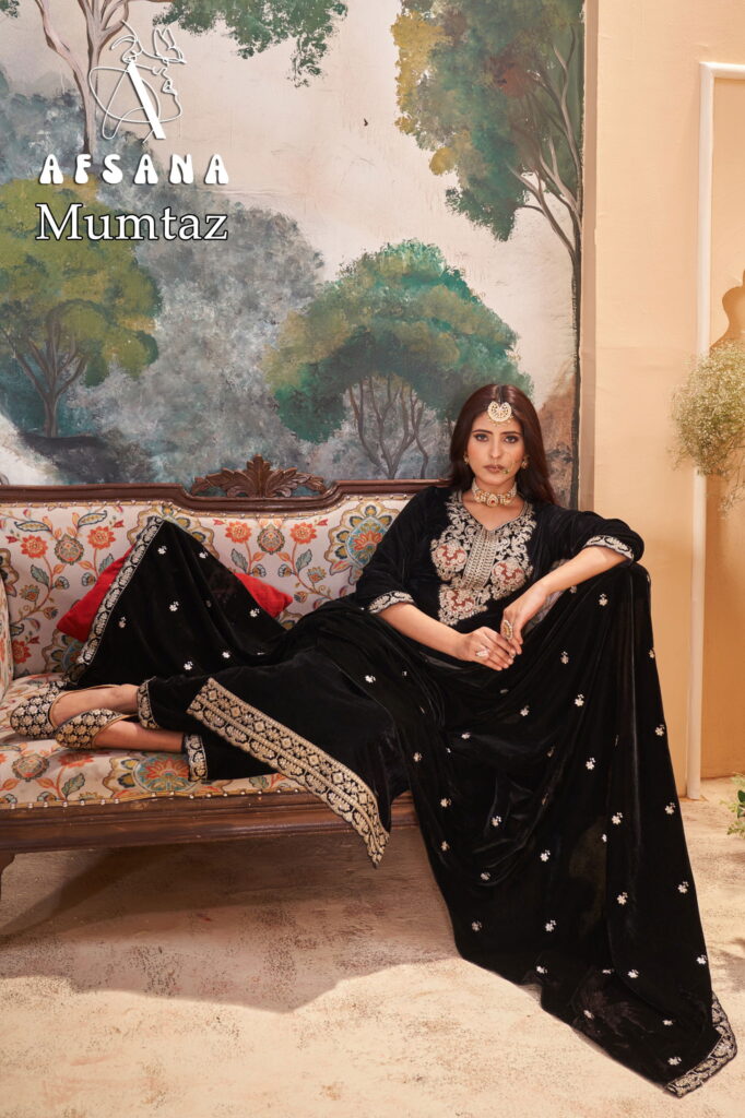 Beautiful Afsana Mumtaz Velvet With Embroidery Work Top Bottom And Dupatta Collection Wholesale 2026
