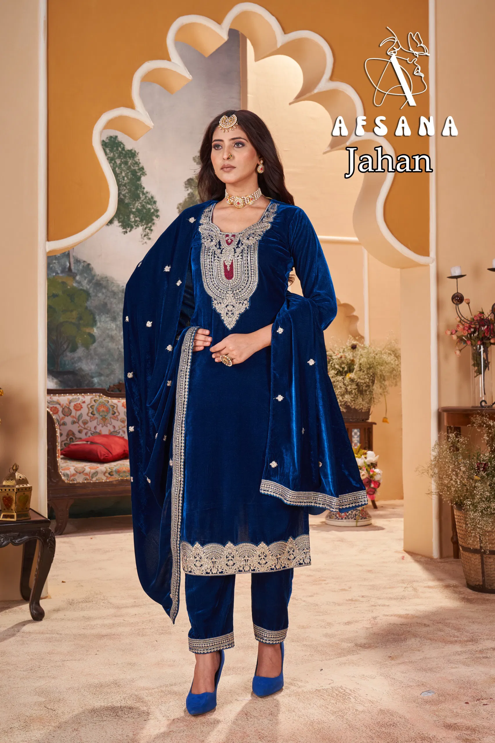 Afsana Jahan Velvet With Embroidery Work Top Bottom And Dupatta Wholesale