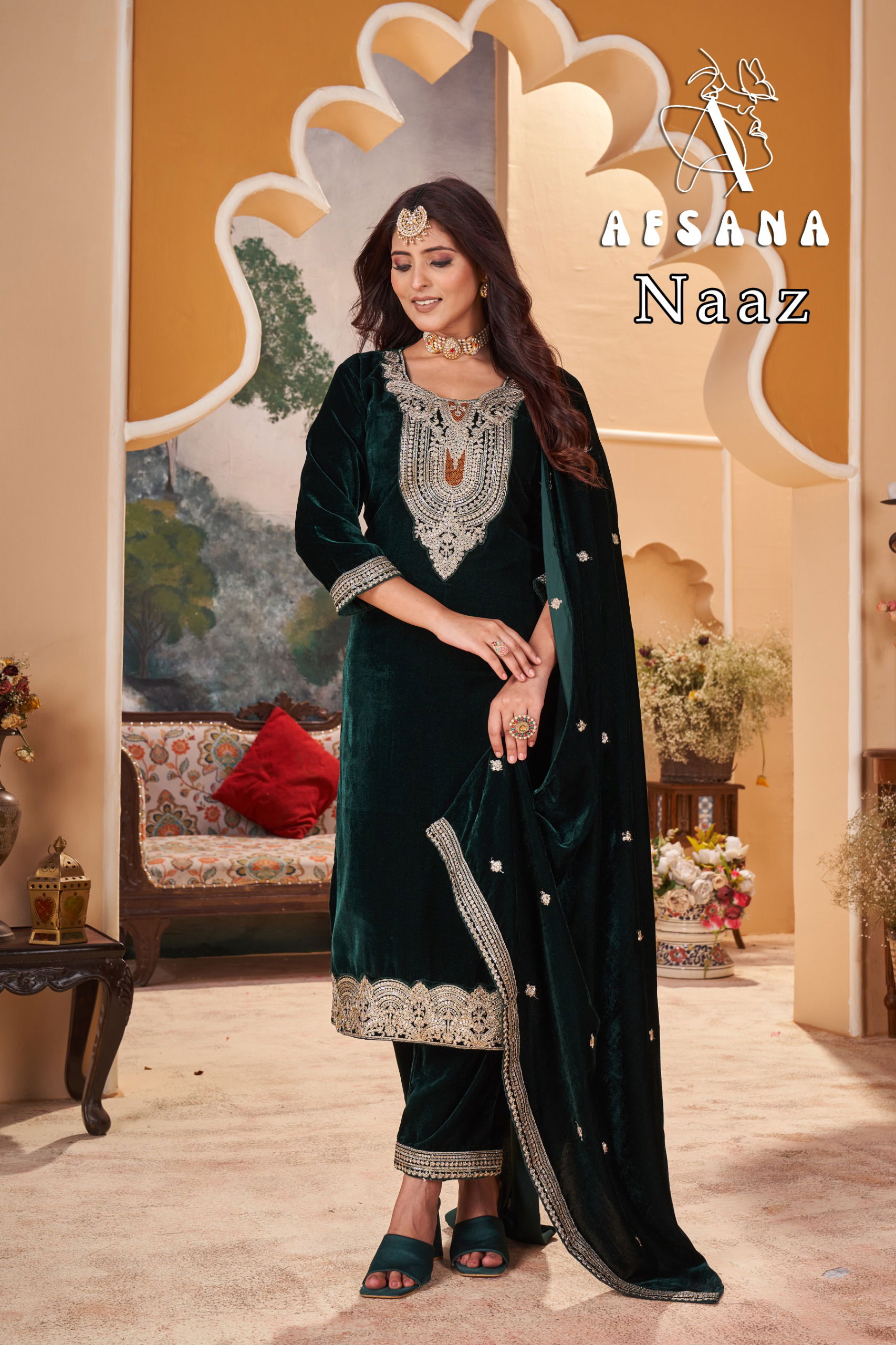 Afsana Naaz Velvet With Embrodery Work Top Bottom And Dupatta Wholesale