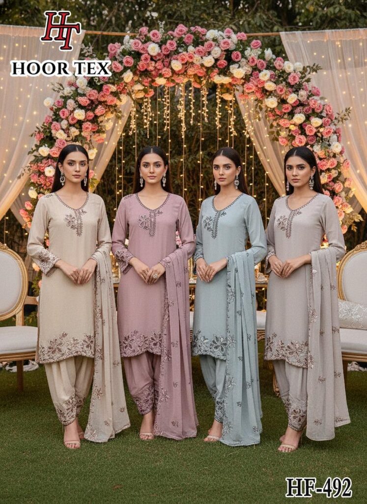 Latest Hoor Tex Hf 492 A to D Georgette Pakistani Suit Kurti Bottom With Dupatta Collection Wholesale 2026