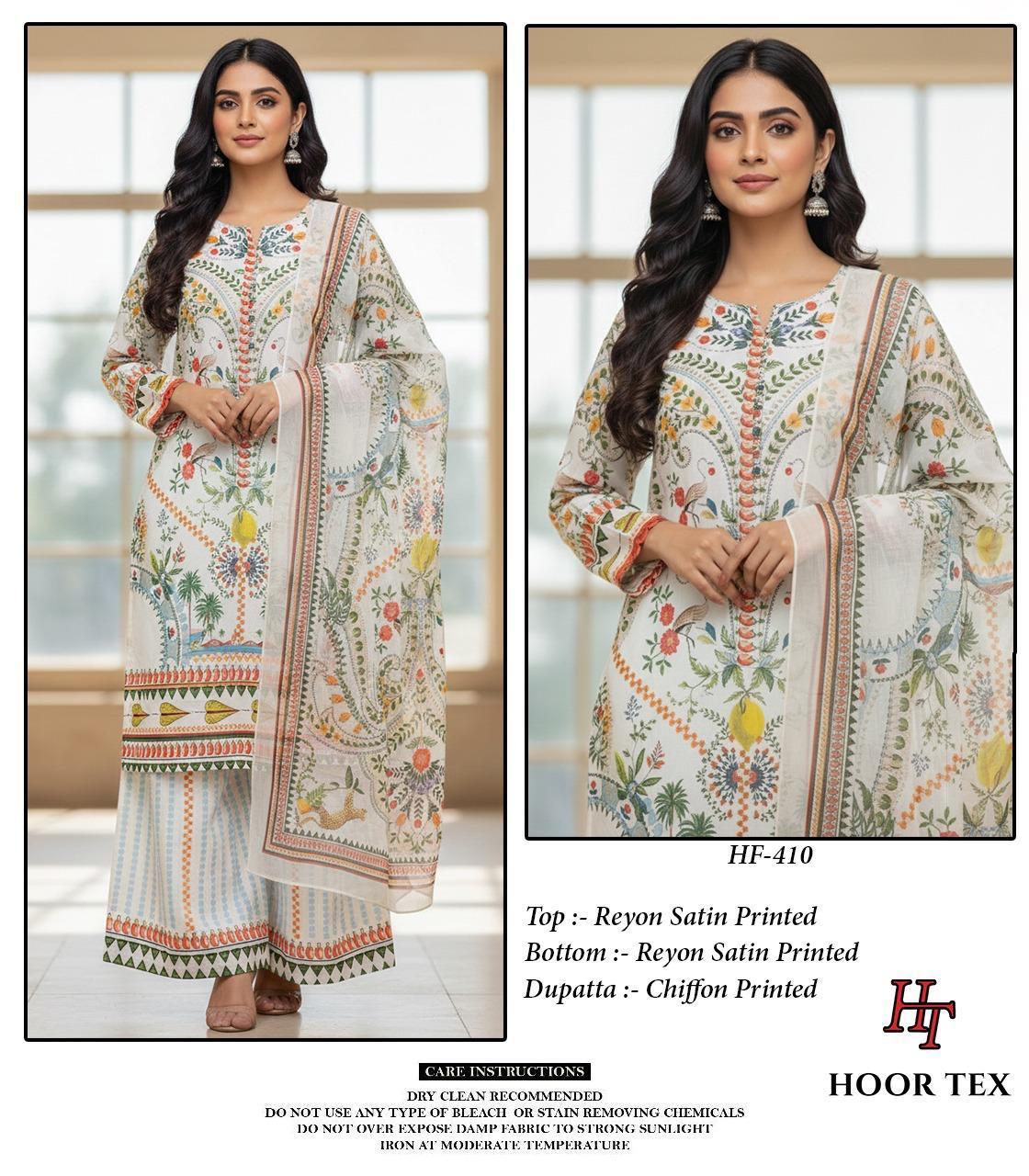 Hoor Tex Hf 409 and 410 Rayon Satin Printed Salwar Kameez Wholesale