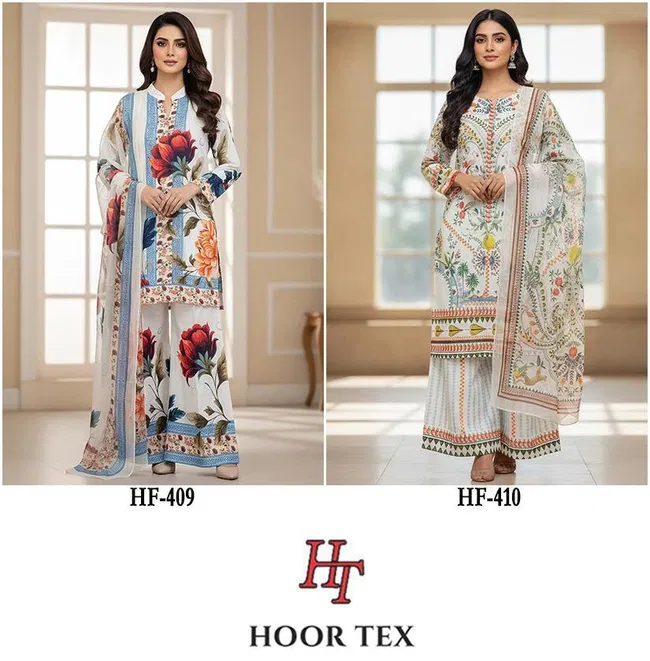 Beautiful Hoor Tex Hf 409 and 410 Rayon Satin Printed Salwar Kameez Wholesale 2026