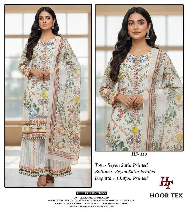 Beautiful Hoor Tex Hf 409 and 410 Rayon Satin Printed Salwar Kameez Wholesale 2026
