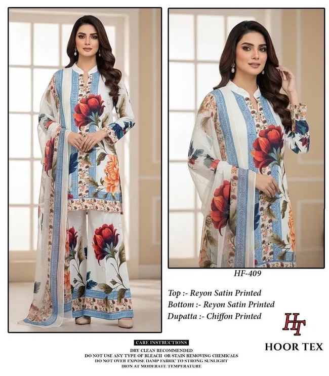 Beautiful Hoor Tex Hf 409 and 410 Rayon Satin Printed Salwar Kameez Wholesale 2026
