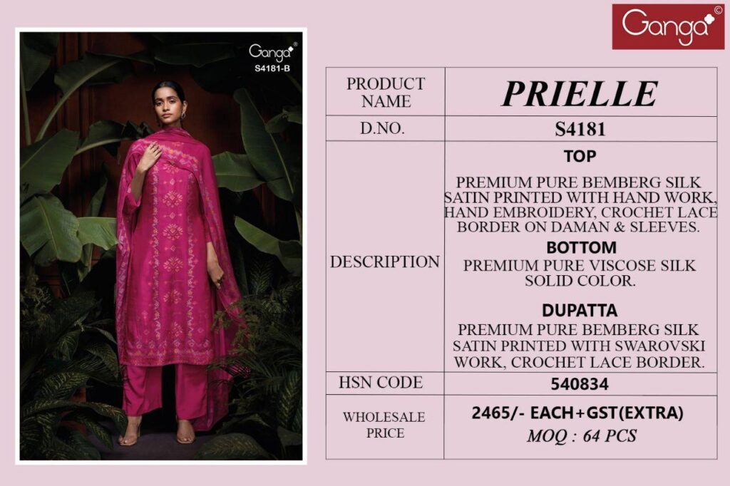 Launching Ganga Prielle 4181 Bemberg Silk Printed Embroidery Salwar Kameez Wholesale 2026