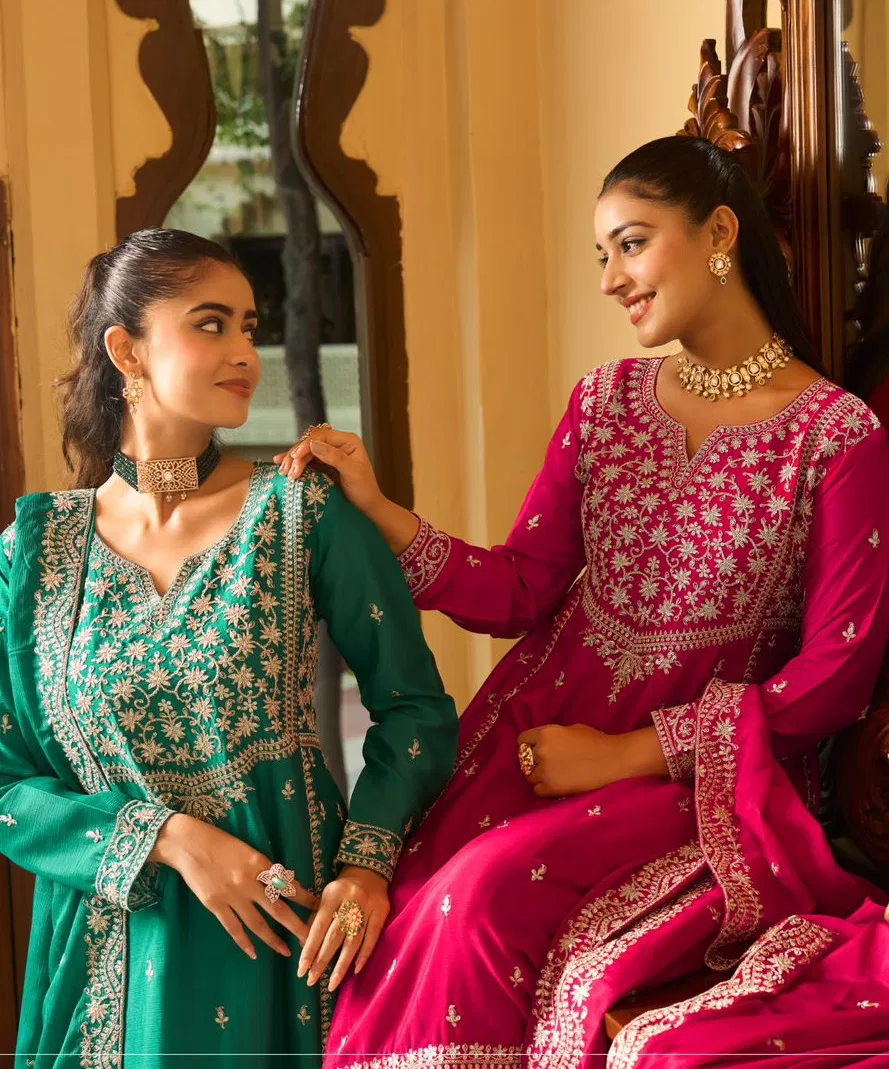 Sanika Aarini Chinon Silk Heavy Embroidery Top Plazzo Pant With Dupatta Wholesale