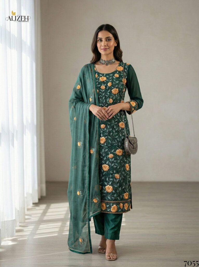 Beautiful Alizeh 7054 To 7057 Georgette With Embroidered Work Kurti Pant And Dupatta Wholesale 2026
